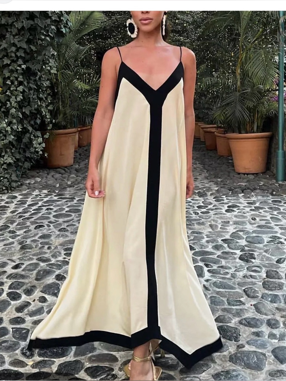 Black Trim Cream Maxi Slip Dress
